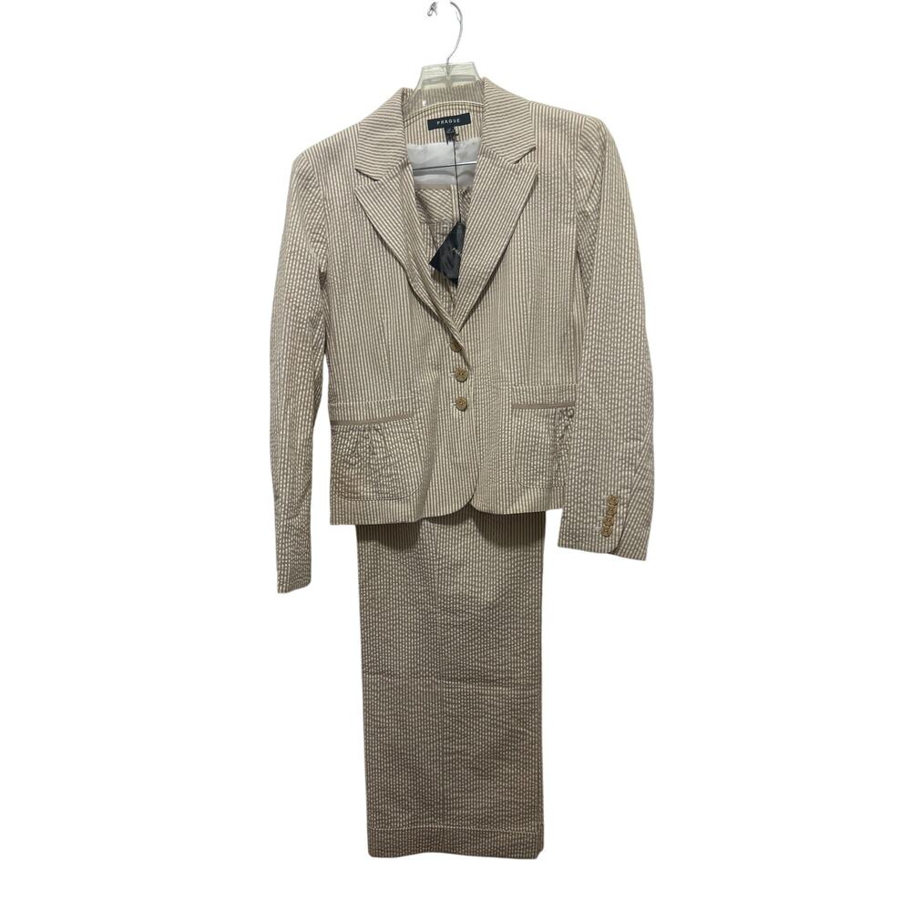 Prague Deadstock Office White Beige Striped Cotton Wide Leg Bootcut Suit 12 NWT